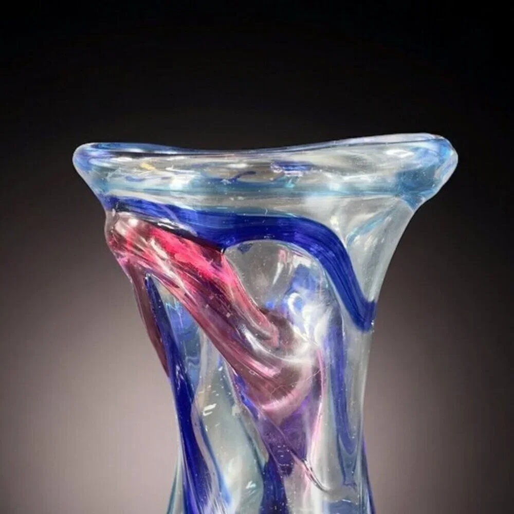1997 Hand Blown Studio Art Glass Vase‎ Artist Signed JENN Multicolor Threads VTG